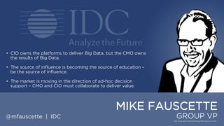 • CIO owns the platforms to deliver Big Data, but the CMO owns the
results of Big Data.
• The source of influence is becoming the source of education – be the
source of influence.
• The market is moving in the direction of ad-hoc decision support –
CMO and CIO must collaborate to deliver value.

MIKE FAUSCETTE
@mfauscette | IDC

GROUP VP

 