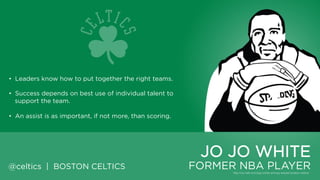 • Leaders know how to put together the right teams.
• Success depends on best use of individual talent to support
the team.
• An assist is as important, if not more, than scoring.

JO JO WHITE
@celtics | BOSTON CELTICS

FORMER NBA PLAYER

 