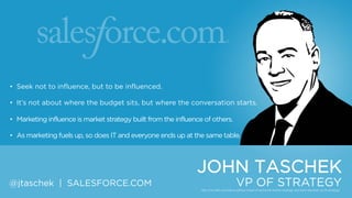 • Seek not to influence, but to be influenced.
• It‟s not about where the budget sits, but where the conversation starts.
• Marketing influence is market strategy built from the influence of others.
• As marketing fuels up, so does IT and everyone ends up at the same table.

JOHN TASCHEK
@jtaschek | SALESFORCE.COM

VP OF STRATEGY

 