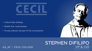 • Culture eats strategy.
• Mobile first, social always.
• To stay relevant, be part of the conversation.

STEPHEN DIFILIPO
@S_dF | CECIL COLLEGE

VP & CIO

 