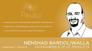 • Executives must develop data analytical competencies.
• Inspiration in the enterprise comes from the customer.
• Know what the consumer needs and deliver it.

NENSHAD BARDOLIWALLA
@nenshad | PAXATA

CO-FOUNDER & VP OF PRODUCTS

 