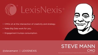 • CMOs sit at the intersection of creativity and strategy.
• Make Big Data work for you.
• Engagement trumps consumption.

STEVE MANN
@stevemann | LEXISNEXIS

CMO

 