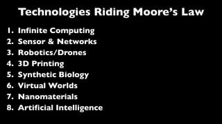 Technologies Riding Moore’s Law
1. Infinite Computing
2. Sensor & Networks
3. Robotics/Drones
4. 3D Printing
5. Synthetic ...