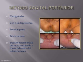 

Corrige todas



Con o sin laparotomía



Posición prona



Pelvis elevada



Incisión porción media
del sacro se extiende a
través del centro del
esfínter externo

Klever Santos G

 