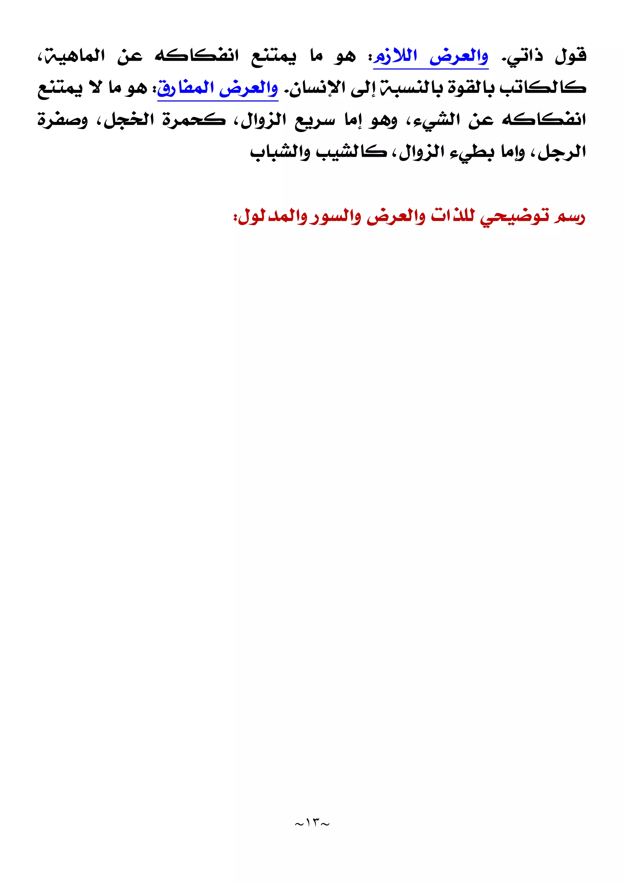 ~
١٣
~
‫ﺫﺍﺗﻲ‬ ‫ﻗﻮﻝ‬
.
‫ﺍﻟﻼﺯﻡ‬ ‫ﻭﺍﻟﻌﺮﺽ‬
:
،‫ﺍﻟﻤﺎﻫﻴﺔ‬ ‫ﻋﻦ‬ ‫ﺍﻧﻔﻜﺎﻛﻪ‬ ‫ﻳﻤﺘﻨﻊ‬ ‫ﻣﺎ‬ ‫ﻫﻮ‬
‫ﺍﻹﻧﺴﺎﻥ‬ ‫ﺇﻟﻰ‬ ‫ﺑﺎﻟﻨﺴﺒﺔ‬ ‫ﺑﺎﻟﻘﻮﺓ‬ ‫ﻛﺎﻟﻜﺎﺗﺐ‬
.
‫ﺍﻟﻤﻔﺎﺭﻕ‬ ‫ﻭﺍﻟﻌﺮﺽ‬
:
‫ﻳﻤﺘﻨﻊ‬ ‫ﻻ‬ ‫ﻣﺎ‬ ‫ﻫﻮ‬
‫ﻭﺻﻔﺮﺓ‬ ،‫ﺍﻟﺨﺠﻞ‬ ‫ﻛﺤﻤﺮﺓ‬ ،‫ﺍﻟﺰﻭﺍﻝ‬ ‫ﺳﺮﻳﻊ‬ ‫ﺇﻣﺎ‬ ‫ﻭﻫﻮ‬ ،‫ﺍﻟﺸﻲﺀ‬ ‫ﻋﻦ‬ ‫ﺍﻧﻔﻜﺎﻛﻪ‬
‫ﻭﺍﻟﺸﺒﺎﺏ‬ ‫ﻛﺎﻟﺸﻴﺐ‬ ،‫ﺍﻟﺰﻭﺍﻝ‬ ‫ﺑﻄﻲﺀ‬ ‫ﻭﺇﻣﺎ‬ ،‫ﺍﻟﺮﺟﻞ‬
‫ﺭﺳﻢ‬
‫ﻭﺍﻟﻤﺪﻟﻮﻝ‬ ‫ﻭﺍﻟﺴﻮﺭ‬ ‫ﻭﺍﻟﻌﺮﺽ‬ ‫ﻟﻠﺬﺍﺕ‬ ‫ﺗﻮﺿﻴﺤﻲ‬
:
 