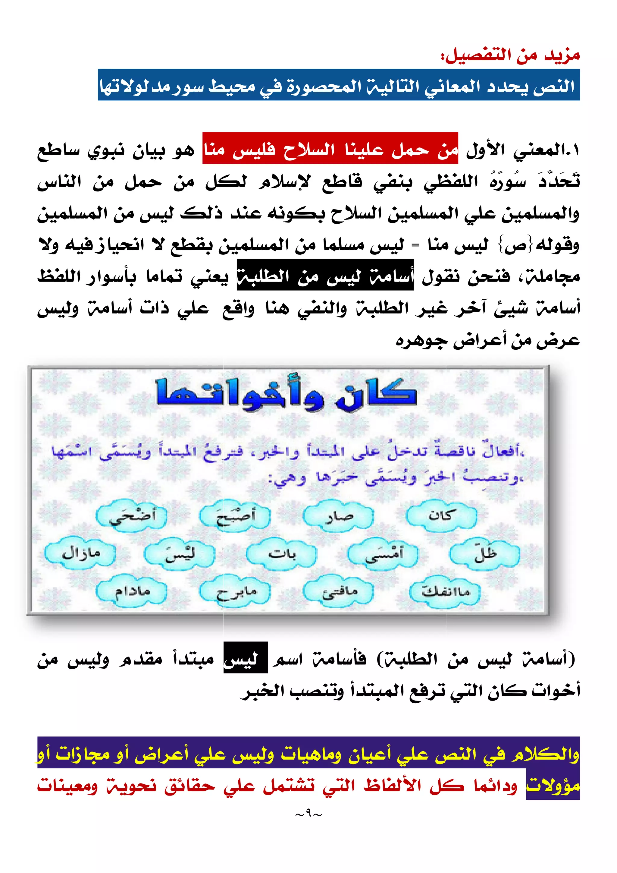 ‫ﻣﺪﻟﻮﻻﺗﻬﺎ‬ ‫ﺳﻮﺭ‬ ‫ﻣﺤﻴﻂ‬ ‫ﻓﻲ‬ ‫ﺍﻟﻤﺤﺼﻮﺭﺓ‬ ‫ﺍﻟﺘﺎﻟﻴﺔ‬ ‫ﺍﻟﻤﻌﺎﻧﻲ‬ ‫ﻳﺤﺪﺩ‬ ‫ﺍﻟﻨﺺ‬
‫ﻣﻨﺎ‬ ‫ﻓﻠﻴﺲ‬ ‫ﺍﻟﺴﻼﺡ‬ ‫ﻋﻠﻴﻨﺎ‬ ‫ﺣﻤﻞ‬ ‫ﻣﻦ‬
‫ﺳﺎﻃﻊ‬ ‫ﻧﺒﻮﻱ‬ ‫ﺑﻴﺎﻥ‬ ‫ﻫﻮ‬
‫ﺍﻟﻨﺎﺱ‬ ‫ﻣﻦ‬ ‫ﺣﻤﻞ‬ ‫ﻣﻦ‬ ‫ﻟﻜﻞ‬ ‫ﻹﺳﻼﻡ‬
‫ﺍﻟﻤﺴﻠﻤﻴﻦ‬ ‫ﻣﻦ‬ ‫ﻟﻴﺲ‬ ‫ﺫﻟﻚ‬ ‫ﻋﻨﺪ‬ ‫ﺑﻜﻮﻧﻪ‬ ‫ﺍﻟﺴﻼﺡ‬ ‫ﺍﻟﻤﺴﻠﻤﻴﻦ‬ ‫ﻋﻠﻲ‬ ‫ﻭﺍﻟﻤﺴﻠﻤﻴﻦ‬
‫ﻭﻻ‬ ‫ﻓﻴﻪ‬ ‫ﺍﻧﺤﻴﺎﺯ‬ ‫ﻻ‬ ‫ﺑﻘﻄﻊ‬ ‫ﺍﻟﻤﺴﻠﻤﻴﻦ‬
‫ﺍﻟﻠﻔﻆ‬ ‫ﺑﺄﺳﻮﺍﺭ‬ ‫ﺗﻤﺎﻣﺎ‬ ‫ﻳﻌﻨﻲ‬
‫ﻭﺍﻗﻊ‬ ‫ﻫﻨﺎ‬ ‫ﻭﺍﻟﻨﻔﻲ‬ ‫ﺍﻟﻄﻠﺒﺔ‬ ‫ﻏﻴﺮ‬ ‫ﺁﺧﺮ‬ ‫ﺷﻴﺊ‬ ‫ﺃﺳﺎﻣﺔ‬
‫ﻭﻟﻴﺲ‬ ‫ﺃﺳﺎﻣﺔ‬ ‫ﺫﺍﺕ‬ ‫ﻋﻠﻲ‬
‫ﻣﻘﺪﻡ‬ ‫ﻣﺒﺘﺪﺃ‬
‫ﻭ‬
‫ﻟﻴﺲ‬
‫ﻣﻦ‬
‫ﻋﻠ‬ ‫ﻭﻟﻴﺲ‬ ‫ﻭﻣﺎﻫﻴﺎﺕ‬ ‫ﺃﻋﻴﺎﻥ‬ ‫ﻋﻠﻲ‬ ‫ﺍﻟﻨﺺ‬ ‫ﻓﻲ‬ ‫ﻭﺍﻟﻜﻼﻡ‬
‫ﺃﻭ‬ ‫ﻣﺠﺎﺯﺍﺕ‬ ‫ﺃﻭ‬ ‫ﺃﻋﺮﺍﺽ‬ ‫ﻲ‬
‫ﻭﻣﻌﻴﻨﺎﺕ‬ ‫ﻧﺤﻮﻳﺔ‬ ‫ﺣﻘﺎﺋﻖ‬ ‫ﻋﻠﻲ‬ ‫ﺗﺸﺘﻤﻞ‬ ‫ﺍﻟﺘﻲ‬ ‫ﺍﻷﻟﻔﺎﻅ‬ ‫ﻛﻞ‬ ‫ﻭﺩﺍﺋﻤﺎ‬
~
٩
~
‫ﺍﻟﺘﻔﺼﻴﻞ‬ ‫ﻣﻦ‬ ‫ﻣﺰﻳﺪ‬
:
‫ﻣﺪﻟﻮﻻﺗﻬﺎ‬ ‫ﺳﻮﺭ‬ ‫ﻣﺤﻴﻂ‬ ‫ﻓﻲ‬ ‫ﺍﻟﻤﺤﺼﻮﺭﺓ‬ ‫ﺍﻟﺘﺎﻟﻴﺔ‬ ‫ﺍﻟﻤﻌﺎﻧﻲ‬ ‫ﻳﺤﺪﺩ‬ ‫ﺍﻟﻨﺺ‬
‫ﻣﻨﺎ‬ ‫ﻓﻠﻴﺲ‬ ‫ﺍﻟﺴﻼﺡ‬ ‫ﻋﻠﻴﻨﺎ‬ ‫ﺣﻤﻞ‬ ‫ﻣﻦ‬
‫ﻗﺎﻃﻊ‬ ‫ﺑﻨﻔﻲ‬ ‫ﺍﻟﻠﻔﻈﻲ‬ 
‫ﻩ‬
‫ﺭ‬‫ﻮ‬
‫ﺳ‬
‫ﺍﻟﻨﺎﺱ‬ ‫ﻣﻦ‬ ‫ﺣﻤﻞ‬ ‫ﻣﻦ‬ ‫ﻟﻜﻞ‬ ‫ﻹﺳﻼﻡ‬
‫ﺍﻟﻤﺴﻠﻤﻴﻦ‬ ‫ﻣﻦ‬ ‫ﻟﻴﺲ‬ ‫ﺫﻟﻚ‬ ‫ﻋﻨﺪ‬ ‫ﺑﻜﻮﻧﻪ‬ ‫ﺍﻟﺴﻼﺡ‬ ‫ﺍﻟﻤﺴﻠﻤﻴﻦ‬ ‫ﻋﻠﻲ‬ ‫ﻭﺍﻟﻤﺴﻠﻤﻴﻦ‬
‫ﻣﻨﺎ‬ ‫ﻟﻴﺲ‬
=
‫ﻣ‬ ‫ﻣﺴﻠﻤﺎ‬ ‫ﻟﻴﺲ‬
‫ﻦ‬
‫ﻭﻻ‬ ‫ﻓﻴﻪ‬ ‫ﺍﻧﺤﻴﺎﺯ‬ ‫ﻻ‬ ‫ﺑﻘﻄﻊ‬ ‫ﺍﻟﻤﺴﻠﻤﻴﻦ‬
‫ﻧﻘﻮﻝ‬ ‫ﻓﻨﺤﻦ‬ ،‫ﻣﺠﺎﻣﻠﺔ‬
‫ﺍﻟﻄﻠﺒﺔ‬ ‫ﻣﻦ‬ ‫ﻟﻴﺲ‬ ‫ﺃﺳﺎﻣﺔ‬
‫ﺍﻟﻠﻔﻆ‬ ‫ﺑﺄﺳﻮﺍﺭ‬ ‫ﺗﻤﺎﻣﺎ‬ ‫ﻳﻌﻨﻲ‬
‫ﻭﺍﻗﻊ‬ ‫ﻫﻨﺎ‬ ‫ﻭﺍﻟﻨﻔﻲ‬ ‫ﺍﻟﻄﻠﺒﺔ‬ ‫ﻏﻴﺮ‬ ‫ﺁﺧﺮ‬ ‫ﺷﻴﺊ‬ ‫ﺃﺳﺎﻣﺔ‬
‫ﺟﻮﻫﺮﻩ‬ ‫ﺃﻋﺮﺍﺽ‬ ‫ﻣﻦ‬ ‫ﻋﺮﺽ‬
‫ﺍﻟﻄﻠﺒﺔ‬ ‫ﻣﻦ‬
(
‫ﺍﺳﻢ‬ ‫ﻓﺄﺳﺎﻣﺔ‬
‫ﻟﻴﺲ‬
‫ﺍﻟﺨﺒﺮ‬ ‫ﻭﺗﻨﺼﺐ‬ ‫ﺍﻟﻤﺒﺘﺪﺃ‬ ‫ﺗﺮﻓﻊ‬ ‫ﺍﻟﺘﻲ‬ ‫ﻛﺎﻥ‬ ‫ﺃﺧﻮﺍﺕ‬
‫ﻋﻠ‬ ‫ﻭﻟﻴﺲ‬ ‫ﻭﻣﺎﻫﻴﺎﺕ‬ ‫ﺃﻋﻴﺎﻥ‬ ‫ﻋﻠﻲ‬ ‫ﺍﻟﻨﺺ‬ ‫ﻓﻲ‬ ‫ﻭﺍﻟﻜﻼﻡ‬
‫ﻭﻣﻌﻴﻨﺎﺕ‬ ‫ﻧﺤﻮﻳﺔ‬ ‫ﺣﻘﺎﺋﻖ‬ ‫ﻋﻠﻲ‬ ‫ﺗﺸﺘﻤﻞ‬ ‫ﺍﻟﺘﻲ‬ ‫ﺍﻷﻟﻔﺎﻅ‬ ‫ﻛﻞ‬ ‫ﻭﺩﺍﺋﻤﺎ‬
‫ﺍﻟﺘﻔﺼﻴﻞ‬ ‫ﻣﻦ‬ ‫ﻣﺰﻳﺪ‬
‫ﻣﺪﻟﻮﻻﺗﻬﺎ‬ ‫ﺳﻮﺭ‬ ‫ﻣﺤﻴﻂ‬ ‫ﻓﻲ‬ ‫ﺍﻟﻤﺤﺼﻮﺭﺓ‬ ‫ﺍﻟﺘﺎﻟﻴﺔ‬ ‫ﺍﻟﻤﻌﺎﻧﻲ‬ ‫ﻳﺤﺪﺩ‬ ‫ﺍﻟﻨﺺ‬
١
.
‫ﺍﻷﻭﻝ‬ ‫ﺍﻟﻤﻌﻨﻲ‬
‫ﻣﻨﺎ‬ ‫ﻓﻠﻴﺲ‬ ‫ﺍﻟﺴﻼﺡ‬ ‫ﻋﻠﻴﻨﺎ‬ ‫ﺣﻤﻞ‬ ‫ﻣﻦ‬

‫ﺗ‬

‫ﺤ‬

‫ﺪ‬

‫ﺩ‬
‫ﻗﺎﻃﻊ‬ ‫ﺑﻨﻔﻲ‬ ‫ﺍﻟﻠﻔﻈﻲ‬ 
‫ﻩ‬
‫ﺭ‬‫ﻮ‬
‫ﺳ‬
‫ﺍﻟﻤﺴﻠﻤﻴﻦ‬ ‫ﻣﻦ‬ ‫ﻟﻴﺲ‬ ‫ﺫﻟﻚ‬ ‫ﻋﻨﺪ‬ ‫ﺑﻜﻮﻧﻪ‬ ‫ﺍﻟﺴﻼﺡ‬ ‫ﺍﻟﻤﺴﻠﻤﻴﻦ‬ ‫ﻋﻠﻲ‬ ‫ﻭﺍﻟﻤﺴﻠﻤﻴﻦ‬
‫ﻭﻗﻮﻟﻪ‬
}
‫ﺹ‬
{
‫ﻣﻨﺎ‬ ‫ﻟﻴﺲ‬
‫ﻧﻘﻮﻝ‬ ‫ﻓﻨﺤﻦ‬ ،‫ﻣﺠﺎﻣﻠﺔ‬
‫ﻭﺍﻗﻊ‬ ‫ﻫﻨﺎ‬ ‫ﻭﺍﻟﻨﻔﻲ‬ ‫ﺍﻟﻄﻠﺒﺔ‬ ‫ﻏﻴﺮ‬ ‫ﺁﺧﺮ‬ ‫ﺷﻴﺊ‬ ‫ﺃﺳﺎﻣﺔ‬
‫ﺟﻮﻫﺮﻩ‬ ‫ﺃﻋﺮﺍﺽ‬ ‫ﻣﻦ‬ ‫ﻋﺮﺽ‬
)
‫ﺃﺳﺎﻣﺔ‬
‫ﻟﻴﺲ‬
‫ﺍﻟﻄﻠﺒﺔ‬ ‫ﻣﻦ‬
‫ﺍﻟﺨﺒﺮ‬ ‫ﻭﺗﻨﺼﺐ‬ ‫ﺍﻟﻤﺒﺘﺪﺃ‬ ‫ﺗﺮﻓﻊ‬ ‫ﺍﻟﺘﻲ‬ ‫ﻛﺎﻥ‬ ‫ﺃﺧﻮﺍﺕ‬
‫ﻋﻠ‬ ‫ﻭﻟﻴﺲ‬ ‫ﻭﻣﺎﻫﻴﺎﺕ‬ ‫ﺃﻋﻴﺎﻥ‬ ‫ﻋﻠﻲ‬ ‫ﺍﻟﻨﺺ‬ ‫ﻓﻲ‬ ‫ﻭﺍﻟﻜﻼﻡ‬
‫ﻣﺆﻭﻻﺕ‬
‫ﻭﻣﻌﻴﻨﺎﺕ‬ ‫ﻧﺤﻮﻳﺔ‬ ‫ﺣﻘﺎﺋﻖ‬ ‫ﻋﻠﻲ‬ ‫ﺗﺸﺘﻤﻞ‬ ‫ﺍﻟﺘﻲ‬ ‫ﺍﻷﻟﻔﺎﻅ‬ ‫ﻛﻞ‬ ‫ﻭﺩﺍﺋﻤﺎ‬
 