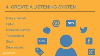4. CREATE A LISTENING SYSTEM
Many channels
Opt-in
Intelligent Surveys
Transactional
Short
Drive volume
8#cxanalytics
 