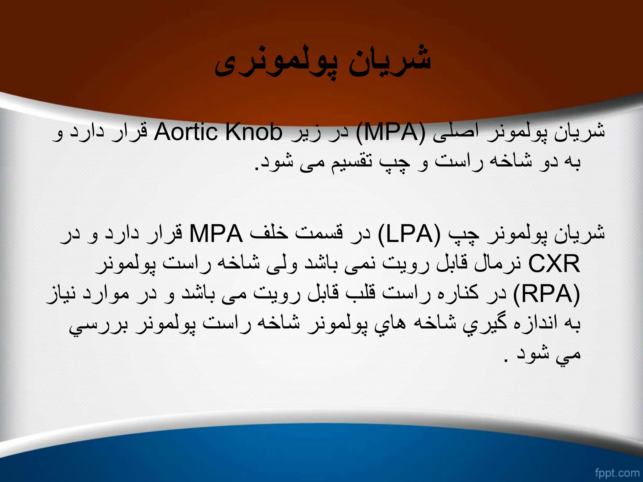 ‫پولمونری‬ ‫شریان‬
‫اصلی‬ ‫پولمونر‬ ‫شریان‬
(
MPA
)
‫زیر‬ ‫در‬
Aortic Knob
‫و‬ ‫دارد‬ ‫قرار‬
‫شود‬ ‫می‬ ‫تقسیم‬ ‫چپ‬ ‫و‬ ‫راست‬ ‫شاخه‬ ‫دو‬ ‫به‬
.
‫چپ‬ ‫پولمونر‬ ‫شریان‬
(
LPA
)
‫خلف‬ ‫قسمت‬ ‫در‬
MPA
‫در‬ ‫و‬ ‫دارد‬ ‫قرار‬
CXR
‫پولمونر‬ ‫راست‬ ‫شاخه‬ ‫ولی‬ ‫باشد‬ ‫نمی‬ ‫رویت‬ ‫قابل‬ ‫نرمال‬
(
RPA
)
‫نی‬ ‫موارد‬ ‫در‬ ‫و‬ ‫باشد‬ ‫می‬ ‫رویت‬ ‫قابل‬ ‫قلب‬ ‫راست‬ ‫کناره‬ ‫در‬
‫از‬
‫بررس‬ ‫پولمونر‬ ‫راست‬ ‫شاخه‬ ‫پولمونر‬ ‫هاي‬ ‫شاخه‬ ‫گیري‬ ‫اندازه‬ ‫به‬
‫ي‬
‫شود‬ ‫مي‬
.
 