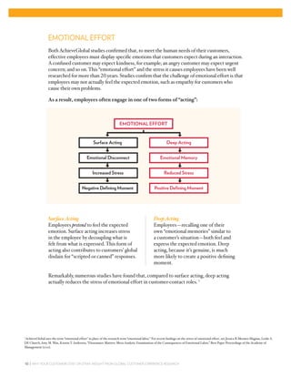 EMOTIONAL EFFORT
                  Both AchieveGlobal studies conﬁrmed that, to meet the human needs of their customers,
                  effective employees must display speciﬁc emotions that customers expect during an interaction.
                  A confused customer may expect kindness, for example; an angry customer may expect urgent
                  concern; and so on. This “emotional effort” and the stress it causes employees have been well
                  researched for more than 20 years. Studies conﬁrm that the challenge of emotional effort is that
                  employees may not actually feel the expected emotion, such as empathy for customers who
                  cause their own problems.

                  As a result, employees often engage in one of two forms of “acting”:



                                                                        EMOTIONAL EFFORT


                                                    Surface Acting                                         Deep Acting


                                               Emotional Disconnect                                   Emotional Memory


                                                   Increased Stress                                      Reduced Stress


                                           Negative Deﬁning Moment                                Positive Deﬁning Moment




                  Surface Acting                                                                 Deep Acting
                  Employees pretend to feel the expected                                         Employees—recalling one of their
                  emotion. Surface acting increases stress                                       own “emotional memories” similar to
                  in the employee by decoupling what is                                          a customer’s situation—both feel and
                  felt from what is expressed. This form of                                      express the expected emotion. Deep
                  acting also contributes to customers’ global                                   acting, because it’s genuine, is much
                  disdain for “scripted or canned” responses.                                    more likely to create a positive deﬁning
                                                                                                 moment.

                  Remarkably, numerous studies have found that, compared to surface acting, deep acting
                  actually reduces the stress of emotional effort in customer-contact roles. 1




1
AchieveGlobal uses the term “emotional effort” in place of the research term “emotional labor.” For recent ﬁndings on the stress of emotional effort, see Jessica R Mesmer-Magnus, Leslie A.
DE Church, Amy M. Wax, Kristin T. Andersen, “Dissonance Matters: Meta-Analytic Examination of the Consequences of Emotional Labor,” Best Paper Proceedings of the Academy of
Management (2011).




10 | WHY YOUR CUSTOMERS STAY OR STRAY: INSIGHT FROM GLOBAL CUSTOMER EXPERIENCE RESEARCH
 