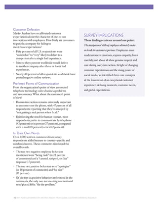 Customer Defection
Market leaders have recalibrated customer
expectations about the character of one-to-one                           SURVEY IMPLICATIONS
interactions with employees. How likely are customers                    These ﬁndings coalesce around one point:
to punish a company for failing to
                                                                         The interpersonal skills of employees ultimately make
meet those expectations?
• Fifty percent of all U.S. respondents were                             or break the customer experience. Employees must
  “somewhat” to “very” likely to defect to a                             read customers’ emotions, express empathy, listen
  competitor after a single bad experience.
                                                                         carefully, and above all show genuine respect and
• Ninety-three percent worldwide would defect
  to another company after three or fewer bad                            care during every interaction. In light of changing
  experiences.                                                           customer expectations and the rising power of
• Nearly 40 percent of all respondents worldwide have                    social media, we identiﬁed three core concepts
  posted negative online reviews.
                                                                         at the foundation of an exceptional customer
Preferred Forms of Communication                                         experience: deﬁning moments, customer needs,
From the organization’s point of view, automated
telephone technology solves business problems                            and global expectations.
and saves money. What about the customer’s point
of view?
• Human interaction remains extremely important
  to customers on the phone, with 47 percent of all
  respondents reporting that they’re annoyed by
  “not getting a real person when I call.”
• Reinforcing the need for human contact, most
  respondents prefer to communicate by telephone
  (43 percent) or in person (37 percent), compared
  with e-mail (18 percent) or text (2 percent).

In Their Own Words
Over 3,000 written comments from survey
respondents added texture to country-speciﬁc and
combined scores. These comments reinforced the
overall trends:
• The top two negative employee behaviors
  mentioned were “being rude” (in 23 percent
  of comments) and a “canned, scripted, or fake”
  response (17 percent).
• The top two positive behaviors were “apologize”
  (in 28 percent of comments) and “be nice”
  (17 percent).
• Of the top six positive behaviors referenced in the
  comments, the only one not meeting an emotional
  need placed ﬁfth: “ﬁx the problem.”



4 | WHY YOUR CUSTOMERS STAY OR STRAY: INSIGHT FROM GLOBAL CUSTOMER EXPERIENCE RESEARCH
 