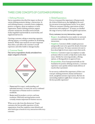 THREE CORE CONCEPTS OF CUSTOMER EXPERIENCE

1. Deﬁning Moments                                                     3. Global Expectations
Survey respondents described the impact on them of                     Even as it measured the importance of human needs,
various deﬁning moments during 1:1 interactions. In                    the AchieveGlobal survey also highlighted the need
each deﬁning moment, a customer forms a judgment,                      for execution in meeting business needs. So we asked,
positive or negative, about an employee or entire                      “What are customers’ baseline expectations of their
organization. Positive deﬁning moments support                         interactions with employees?” To answer, we distilled
customer satisfaction, favorable word of mouth                         the range of survey results into four global expectations.
(today magniﬁed exponentially by social media), and
organizational success.                                                Every customer, in every interaction, expects:
                                                                       • Respect. As conﬁrmed in every market we surveyed,
Greeting a customer, asking or answering a question,                     customers expect caring, individual attention in all
offering options, or resolving a problem are all deﬁning                 interactions.
moments. While some moments are more important
than others, each affects the customer’s overall                       • Simplicity. Customers dislike complex processes
experience and either builds or damages loyalty.                         and generally want to be spared the details of internal
                                                                         activities and issues. Yet many customers do want to
2. Customer Needs                                                        hear about high-level next steps to meet their needs.
Our survey respondents clearly articulated two                         • Solutions. Customers expect an employee to make
major categories of needs:                                               an honest effort to resolve or help them resolve their
                                                                         issues, whether by correcting mistakes, offering
                                                                         options, or ﬂexing policies in approved ways.
                                                                       • Responsibility. Even if interpersonal skills are the
                                                                         foundation for positive deﬁning moments, a customer
                         HUMAN                                           experience sours quickly without timely delivery of
                         NEEDS
                                                                         exactly what is promised.

                                                                       So our survey conﬁrmed the importance of three core
                        BUSINESS                                       concepts: deﬁning moments, human and business
                         NEEDS                                         needs, and global customer expectations. But how do
                                                                       outstanding employees apply these concepts to create
                                                                       the best possible experience?


• Human needs for respect, understanding, and
  individual attention. As noted, the survey conﬁrmed
  the importance of human needs to customers
  worldwide.
• Business needs for products, services, and issue
  resolution. Efﬁciently meeting business needs
  certainly remains important for business success.

What can we take from this distinction? To give
customers the best possible experience of your
organization, front-line employees must identify and
meet both types of needs in every interaction with every
customer.



6 | WHY YOUR CUSTOMERS STAY OR STRAY: INSIGHT FROM GLOBAL CUSTOMER EXPERIENCE RESEARCH
 