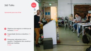 360 Talks
1
2
3
Objetivos de negócio e métricas de
sucesso / 5 min
Capacidade técnica e desafios / 5
min
Pesquisas relevantes com o
usuario / Feedbacks dos usuários /
Métricas medidas
5 min
15min
Apresente para seu time:
 