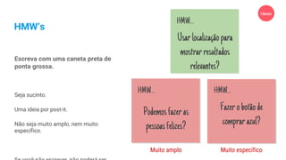 HMW’s
HMW…
Podemosfazeras
pessoasfelizes?
HMW…
Fazerobotãode
comprarazul?
HMW…
Usarlocalizaçãopara
mostrarresultados
relevantes?
Muito amplo Muito específico
Escreva com uma caneta preta de
ponta grossa.
Seja sucinto.
Uma ideia por post-it.
Não seja muito amplo, nem muito
específico.
15min
 
