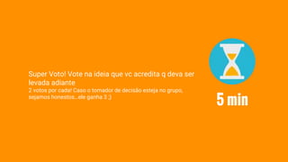 Super Voto! Vote na ideia que vc acredita q deva ser
levada adiante
2 votos por cada! Caso o tomador de decisão esteja no grupo,
sejamos honestos…ele ganha 3 ;)
5 min
 