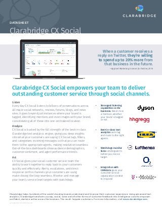 DATASHEET
©Clarabridge. All rights reserved.
Clarabridge helps hundreds of the world’s leading brands understand and improve their customer experience. Using advanced text
analytics, Clarabridge transforms survey, social, voice and all other forms of customer feedback into intelligence used to empower
confident, decisive action across the business. The result: happier customers. For more information, visit www.clarabridge.com.
Clarabridge CX Social
Listen
Every day CX Social listens to billions of conversations across
all major social networks, reviews, forums, blogs, and news
sites. It goes beyond just instances where your brand is
tagged, identifying mentions and even images with your brand,
consolidating all of these into one centralized location.
Analyze
CX Social is backed by the full strength of the best-in-class
Clarabridge text analytics engine, giving you deep insights
into what your customers are saying. CX Social tags, filters,
and categorizes incoming messages so that you can route
them to the appropriate agents, making resolution seamless.
Out-of-the-box dashboards show audience demographics,
customer sentiment, and agent performance trends.
Act
CX Social gives your social customer service team the
ability to work together to reply back to your customers
quickly and effectively. Alerts, escalations, and direct
response on the channels your customers are using
make closing the loop seamless. Monitor and manage
your team’s service level targets with watchdogs.
•	 Strongest listening
capabilities in the
business. Never miss
a mention, whether
your brand is tagged
or not.
•	 Best-in-class text
analytics auto tag
and route to the right
agents.
•	 Watchdogs monitor
SLAs sending alerts
before you miss a
target.
•	 Integration with
CRM data gives your
customer service
organization context
to respond.
Clarabridge CX Social empowers your team to deliver
outstanding customer service through social channels.
When a customer receives a
reply on Twitter, they’re willing
to spend up to 20% more from
that business in the future.
—Applied Marketing Science for Twitter, 2016
 