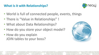 What is it with Relationships?
• World is full of connected people, events, things
• There is “Value in Relationships” !
• What about Data Relationships?
• How do you store your object model?
• How do you explain
JOIN tables to your boss?
 