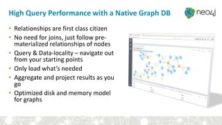 High Query Performance with a Native Graph DB
• Relationships are first class citizen
• No need for joins, just follow pre-
materialized relationships of nodes
• Query & Data-locality – navigate out
from your starting points
• Only load what’s needed
• Aggregate and project results as you
go
• Optimized disk and memory model
for graphs
 