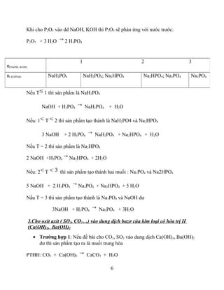 Khi cho P2O5 vào dd NaOH, KOH thì P2O5 sẽ phản ứng với nước trước:
P2O5 + 3 H2O 2 H3PO4
Nếu T 1 thì sản phẩm là NaH2PO4
NaOH + H3PO4 NaH2PO4 + H2O
Nếu: 1 T 2 thì sản phẩm tạo thành là NaH2PO4 và Na2HPO4
3 NaOH + 2 H3PO4 NaH2PO4 + Na2HPO4 + H2O
Nếu T = 2 thì sản phẩm là Na2HPO4
2 NaOH +H3PO4 Na2HPO4 + 2H2O
Nếu: 2 T thì sản phẩm tạo thành hai muối : Na3PO4 và Na2HPO4
5 NaOH + 2 H3PO4 Na3PO4 + Na2HPO4 + 5 H2O
Nấu T = 3 thì sản phẩm tạo thành là Na3PO4 và NaOH dư
3NaOH + H3PO4 Na3PO4 + 3H2O
3.Cho oxit axit ( SO2, CO2…) vào dung dịch bazơ của kim loại có hóa trị II
(Ca(OH)2, Ba(OH)2
• Trường hợp 1: Nếu đề bài cho CO2, SO2 vào dung dịch Ca(OH)2, Ba(OH)2
dư thì sản phẩm tạo ra là muối trung hòa
PTHH: CO2 + Ca(OH)2 CaCO3 + H2O
6
n(NaOH, KOH)
1 2 3
n( H3PO4) NaH2PO4 NaH2PO4; Na2HPO4 Na2HPO4; Na3PO4 Na3PO4
 
