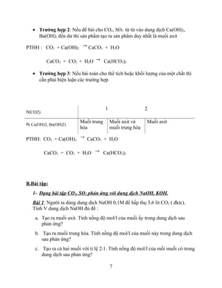 • Trường hợp 2: Nếu đề bài cho CO2, SO2 từ từ vào dung dịch Ca(OH)2,
Ba(OH)2 đến dư thì sản phẩm tạo ra sản phẩm duy nhất là muối axit
PTHH : CO2 + Ca(OH)2 CaCO3 + H2O
CaCO3 + CO2 + H2O Ca(HCO3)2
• Trường hợp 3: Nếu bài toán cho thể tích hoặc khối lượng của một chất thì
cần phải biện luận các trường hợp
PTHH: CO2 + Ca(OH)2 CaCO3 + H2O
CaCO3 + CO2 + H2O Ca(HCO3)2
B.Bài tập:
1- Dạng bài tập CO2, SO2 phản ứng với dung dịch NaOH, KOH.
Bài 1: Người ta dùng dung dịch NaOH 0,1M để hấp thụ 5,6 lít CO2 ( đktc).
Tính V dung dịch NaOH đủ để :
a. Tạo ra muối axit. Tính nồng độ mol/l của muối ấy trong dung dịch sau
phản ứng?
b. Tạo ra muối trung hòa. Tính nồng độ mol/l của muối này trong dung dịch
sau phản ứng?
c. Tạo ra cả hai muối với tỉ lệ 2:1. Tính nồng độ mol/l của mối muối có trong
dung dịch sau phản ứng?
7
n(CO2)
1 2
n( Ca(OH)2, Ba(OH)2)
Muối trung
hòa
Muối axit và
muối trung hòa
Muối axit
 