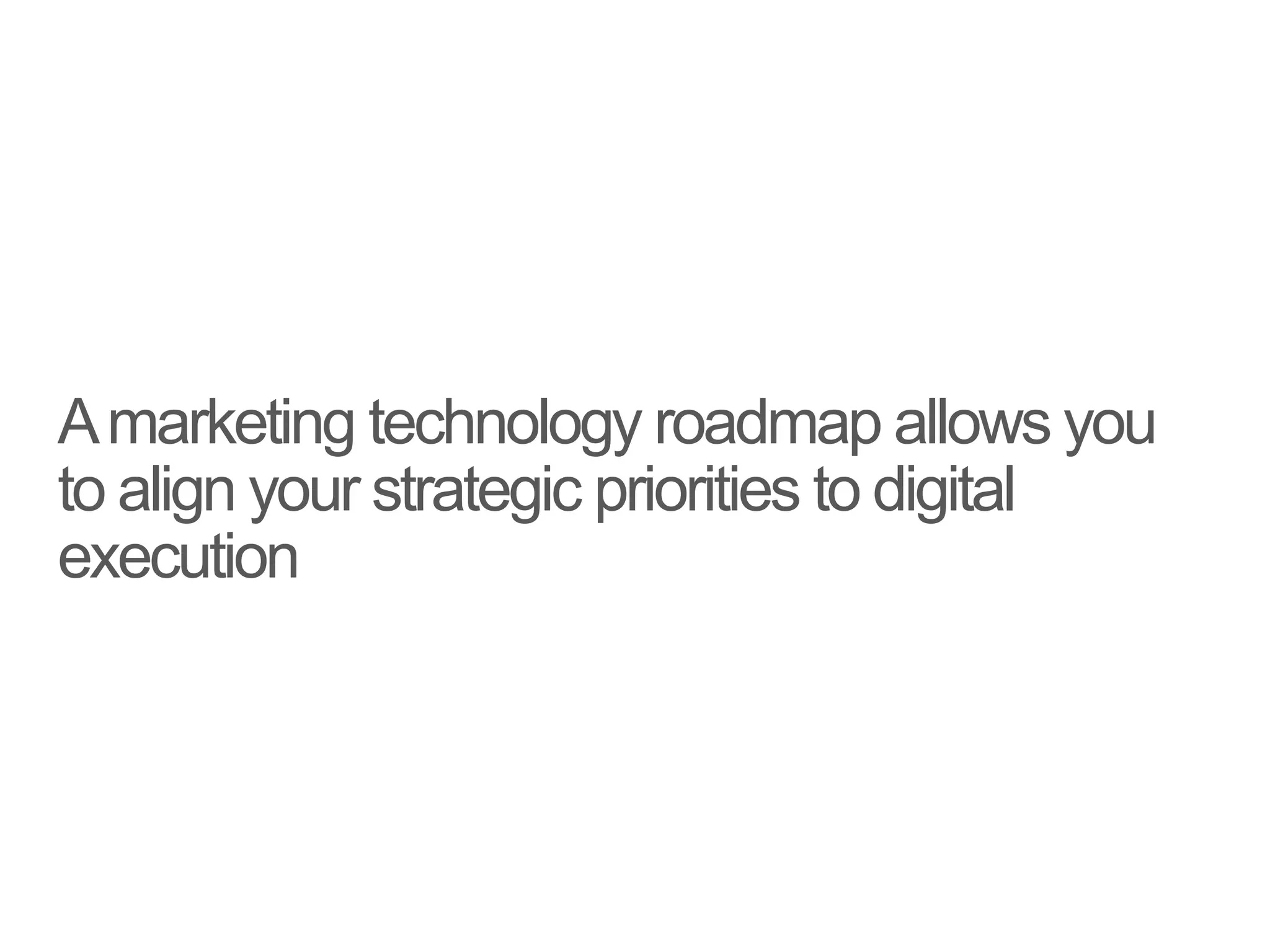 Amarketing technology roadmap allows you
to align your strategic priorities to digital
execution
 