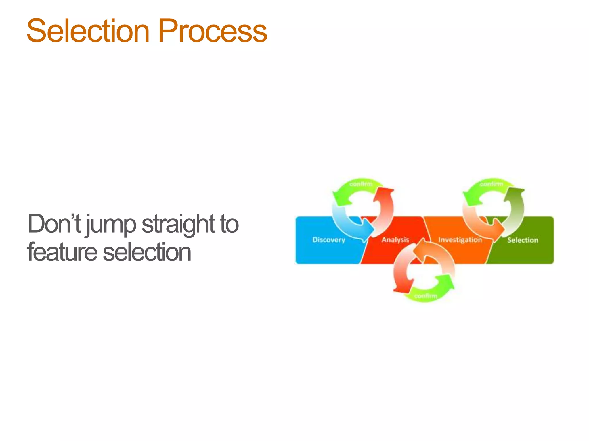 Don’t jump straight to
feature selection
Selection Process
 