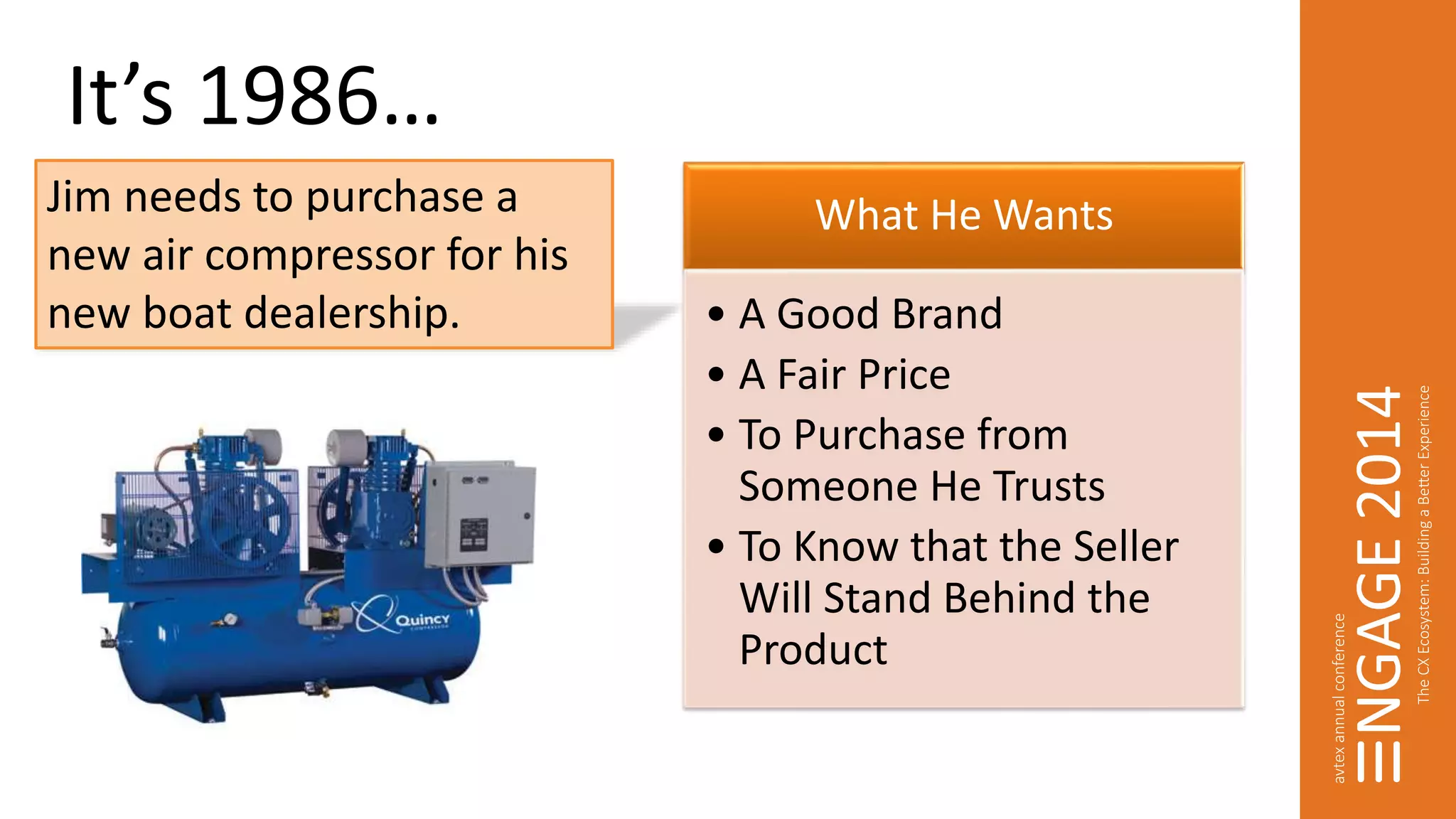 It’s 1986… 
Jim needs to purchase a 
new air compressor for his 
new boat dealership. 
What He Wants 
• A Good Brand 
• A Fair Price 
• To Purchase from 
Someone He Trusts 
• To Know that the Seller 
Will Stand Behind the 
Product 
 
