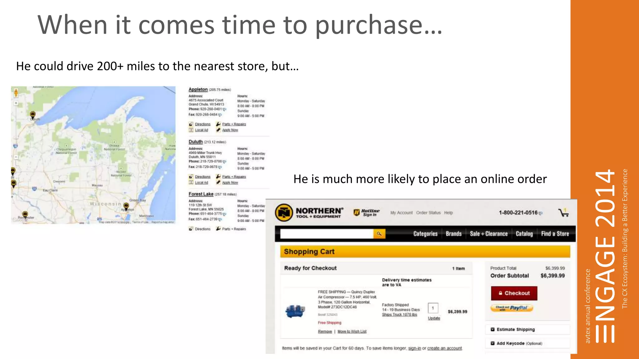 When it comes time to purchase… 
He could drive 200+ miles to the nearest store, but… 
He is much more likely to place an online order 
 