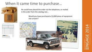 When it came time to purchase… 
He could have placed the order via the telephone, or mailed 
in the order from the catalog, but… 
Would you have purchased a $3,000 piece of equipment 
site-unseen? 
 