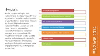 Synopsis Journey Mapping Defined 
Why Should You Consider Journey Mapping? 
The Journey Mapping Toolbox 
Outcomes from Journey Mapping 
The Importance of Voice of the Customer 
Lessons Learned 
Call to Action 
A solid understanding of your 
customer and their journey with your 
organization must be the foundation 
of your Customer Experience strategy. 
So, do you REALLY know your 
customer? In this session, we will 
share the tools you need to 
successfully map your customer 
journeys, and explore how this 
valuable information can be used to 
identify and address pain points for 
your customers and employees; 
leading to delighted customers, more 
engaged employees, and improved 
bottom line. 
 