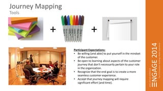 Journey Mapping 
Tools 
+ + 
Participant Expectations: 
• Be willing (and able) to put yourself in the mindset 
of the customer. 
• Be open to learning about aspects of the customer 
journey that don’t necessarily pertain to your role 
in the organization. 
• Recognize that the end goal is to create a more 
seamless customer experience. 
• Accept that journey mapping will require 
significant effort (and time). 
 