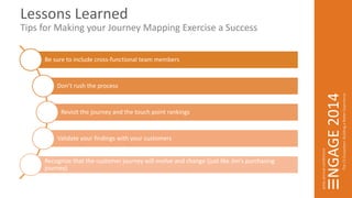 Lessons Learned 
Tips for Making your Journey Mapping Exercise a Success 
Be sure to include cross-functional team members 
Don’t rush the process 
Revisit the journey and the touch point rankings 
Validate your findings with your customers 
Recognize that the customer journey will evolve and change (just like Jim’s purchasing 
journey) 
 
