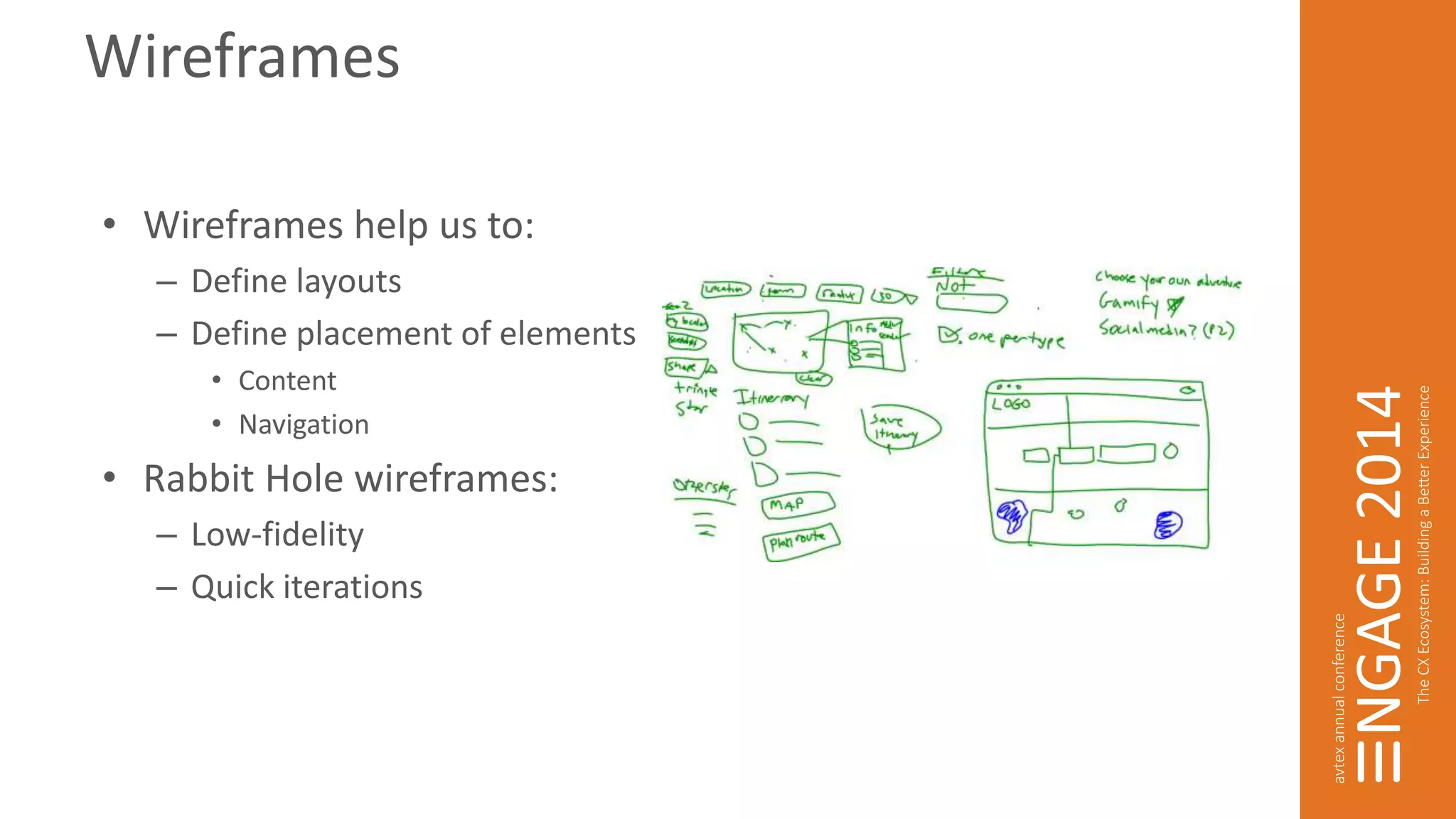 Wireframes 
• Wireframes help us to: 
– Define layouts 
– Define placement of elements 
• Content 
• Navigation 
• Rabbit Hole wireframes: 
– Low-fidelity 
– Quick iterations 
 