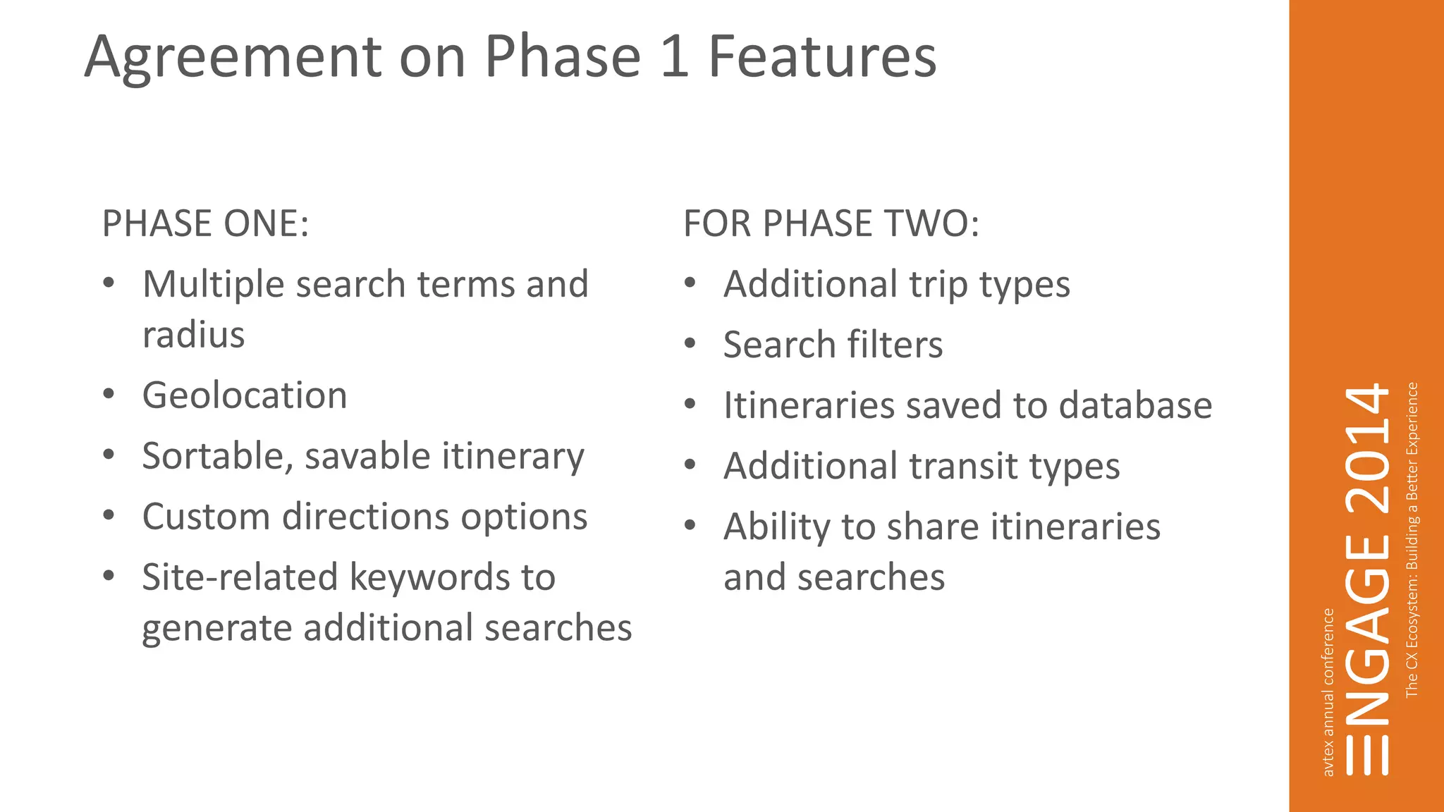 Agreement on Phase 1 Features 
FOR PHASE TWO: 
• Additional trip types 
• Search filters 
• Itineraries saved to database 
• Additional transit types 
• Ability to share itineraries 
and searches 
PHASE ONE: 
• Multiple search terms and 
radius 
• Geolocation 
• Sortable, savable itinerary 
• Custom directions options 
• Site-related keywords to 
generate additional searches 
 