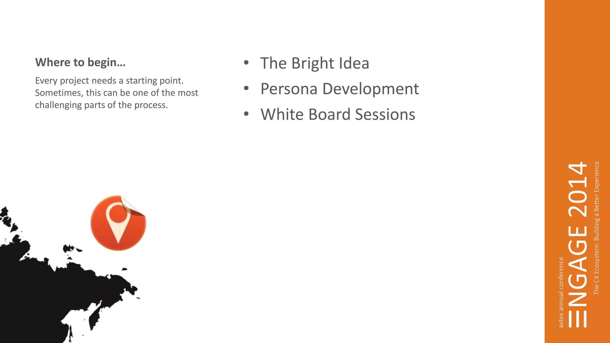 Where to begin… • The Bright Idea 
• Persona Development 
• White Board Sessions 
Every project needs a starting point. 
Sometimes, this can be one of the most 
challenging parts of the process. 
 