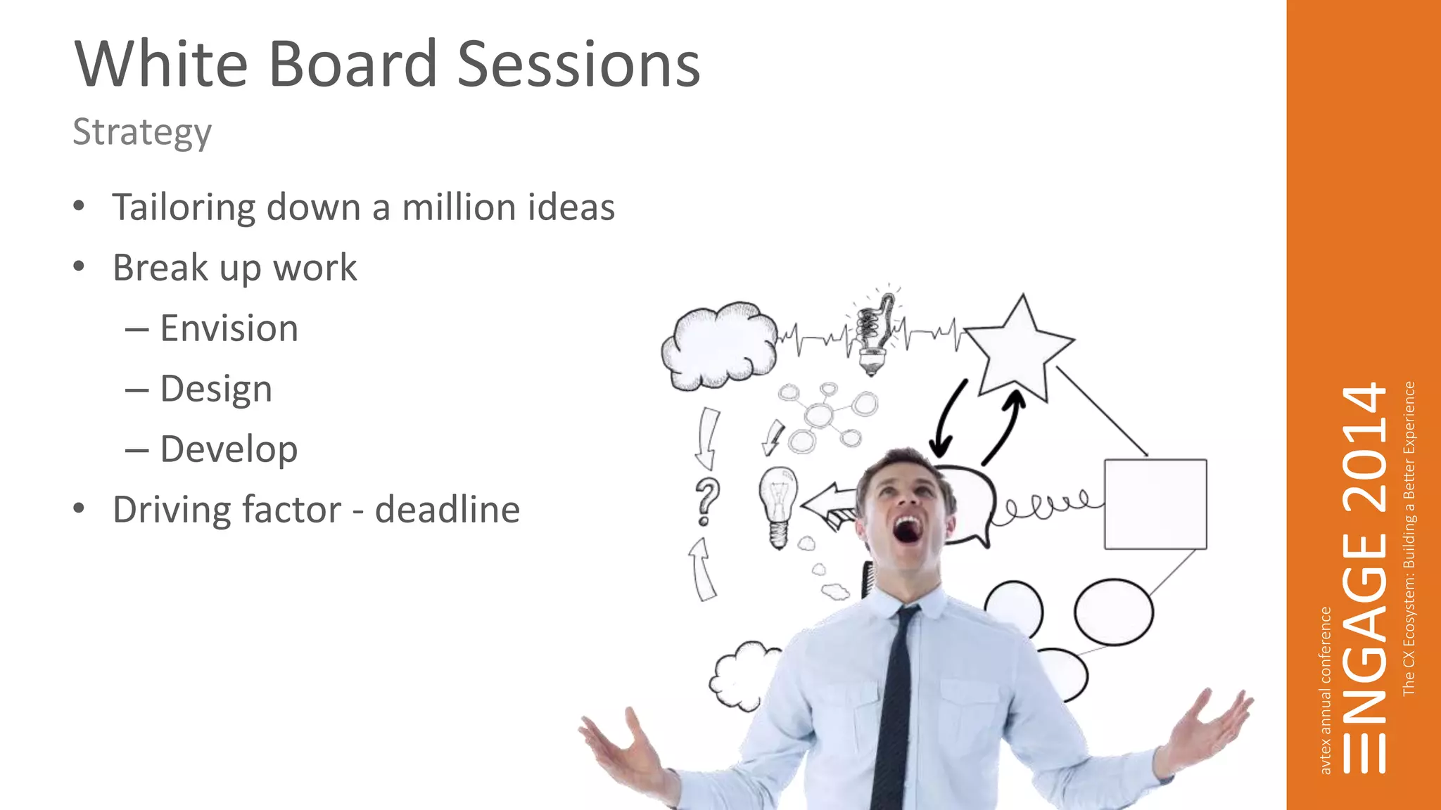 White Board Sessions 
Strategy 
• Tailoring down a million ideas 
• Break up work 
– Envision 
– Design 
– Develop 
• Driving factor - deadline 
 