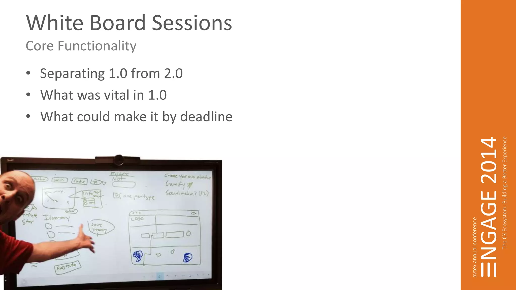 White Board Sessions 
Core Functionality 
• Separating 1.0 from 2.0 
• What was vital in 1.0 
• What could make it by deadline 
 