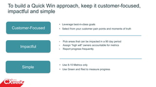 • Pick areas that can be impacted in a 90 day period
• Assign “high will” owners accountable for metrics
• Report progress frequently
To build a Quick Win approach, keep it customer-focused,
impactful and simple
12
Customer-Focused
Impactful
Simple
• Leverage best-in-class goals
• Select from your customer pain points and moments of truth
• Use 8-10 Metrics only
• Use Green and Red to measure progress
 