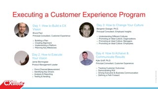 32
Executing a Customer Experience Program
Day 1: How to Build a CX
Vision
Bruce Paul
Principal Consultant, Customer Experience
o Building a Plan
o Creating Alignment
o Implementing a Platform
o Planning Key Milestones
Day 2: How to Execute
Your Vision
Jamie Morningstar
Product Management Leader
o Omni-Channel Measurement
o Identifying Key Drivers
o Analysis & Reporting
o Testing & Iterating
Day 3: How to Change Your Culture
Benjamin Granger, Ph.D.
Principal Consultant, Employee Insights
o Understanding Different Cultures
o Promoting an Ideal Culture: Organizations
o Promoting an Ideal Culture: Managers
o Promoting an Ideal Culture: Employees
Day 4: How to Achieve &
Communicate Results
Kyle Groff, Ph.D.
Principal Consultant, Customer Experience
o Tracking Customer Outcomes
o Demonstrating ROI
o Driving Executive & Business Communication
o Defining a Path Forward
©2015QUALTRICSLLC.
 