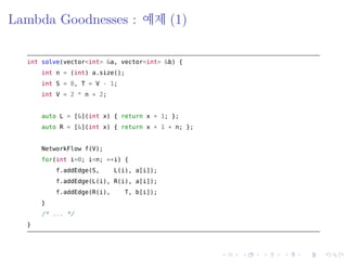 .
.
.
.
.
.
.
.
.
.
.
.
.
.
.
.
.
.
.
.
.
.
.
.
.
.
.
.
.
.
.
.
.
.
.
.
.
.
.
.
Lambda Goodnesses : 예제 (1)
int solve(vector<int> &a, vector<int> &b) {
int n = (int) a.size();
int S = 0, T = V - 1;
int V = 2 * n + 2;
auto L = [&](int x) { return x + 1; };
auto R = [&](int x) { return x + 1 + n; };
NetworkFlow f(V);
for(int i=0; i<n; ++i) {
f.addEdge(S, L(i), a[i]);
f.addEdge(L(i), R(i), a[i]);
f.addEdge(R(i), T, b[i]);
}
/* ... */
}
 