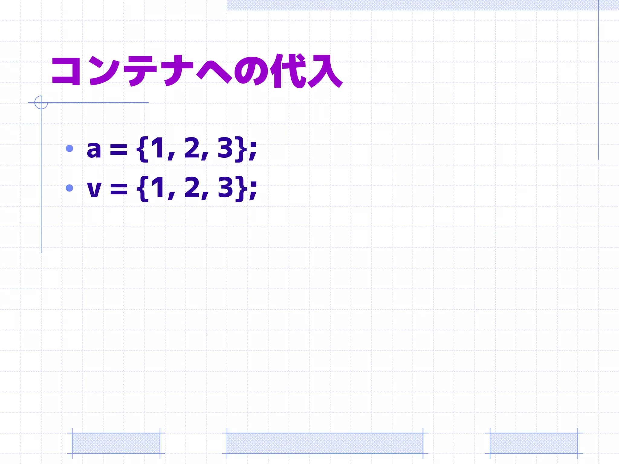 コンテナへの代入
• a = {1, 2, 3};
• v = {1, 2, 3};
 
