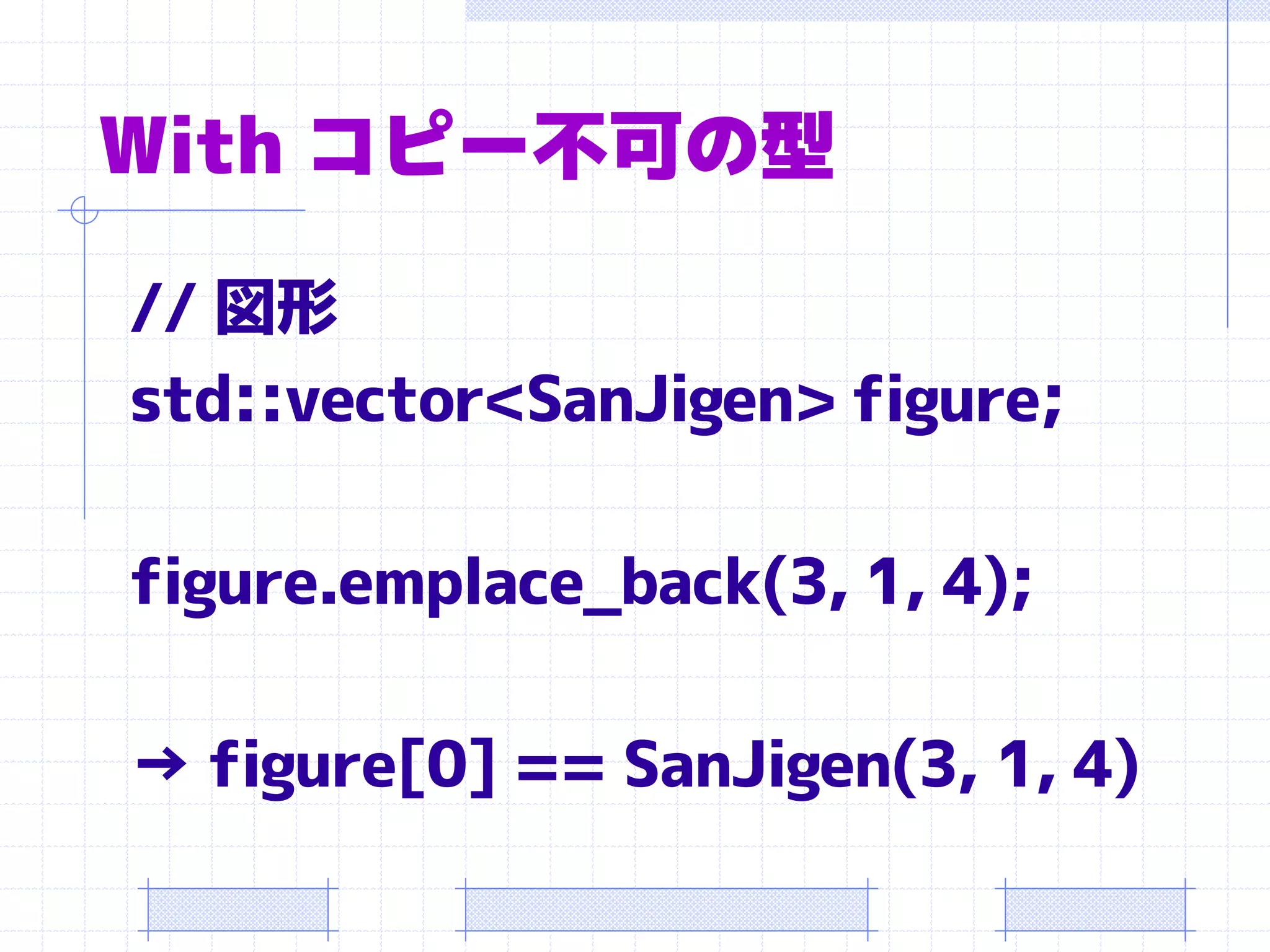 With コピー不可の型

// 図形
std::vector<SanJigen> figure;

figure.emplace_back(3, 1, 4);

→ figure[0] == SanJigen(3, 1, 4)
 