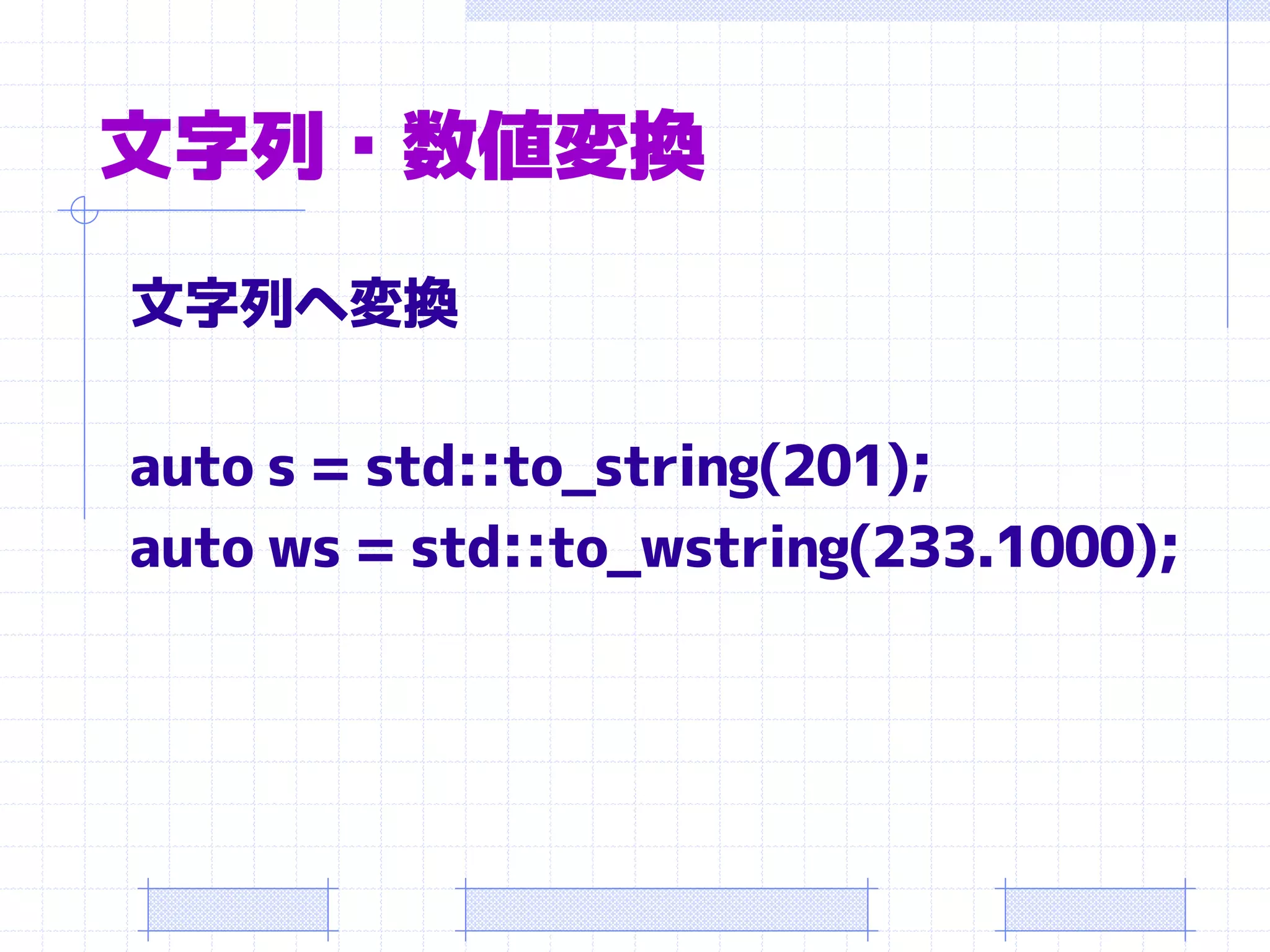 文字列・数値変換
文字列へ変換

auto s = std::to_string(201);
auto ws = std::to_wstring(233.1000);
 