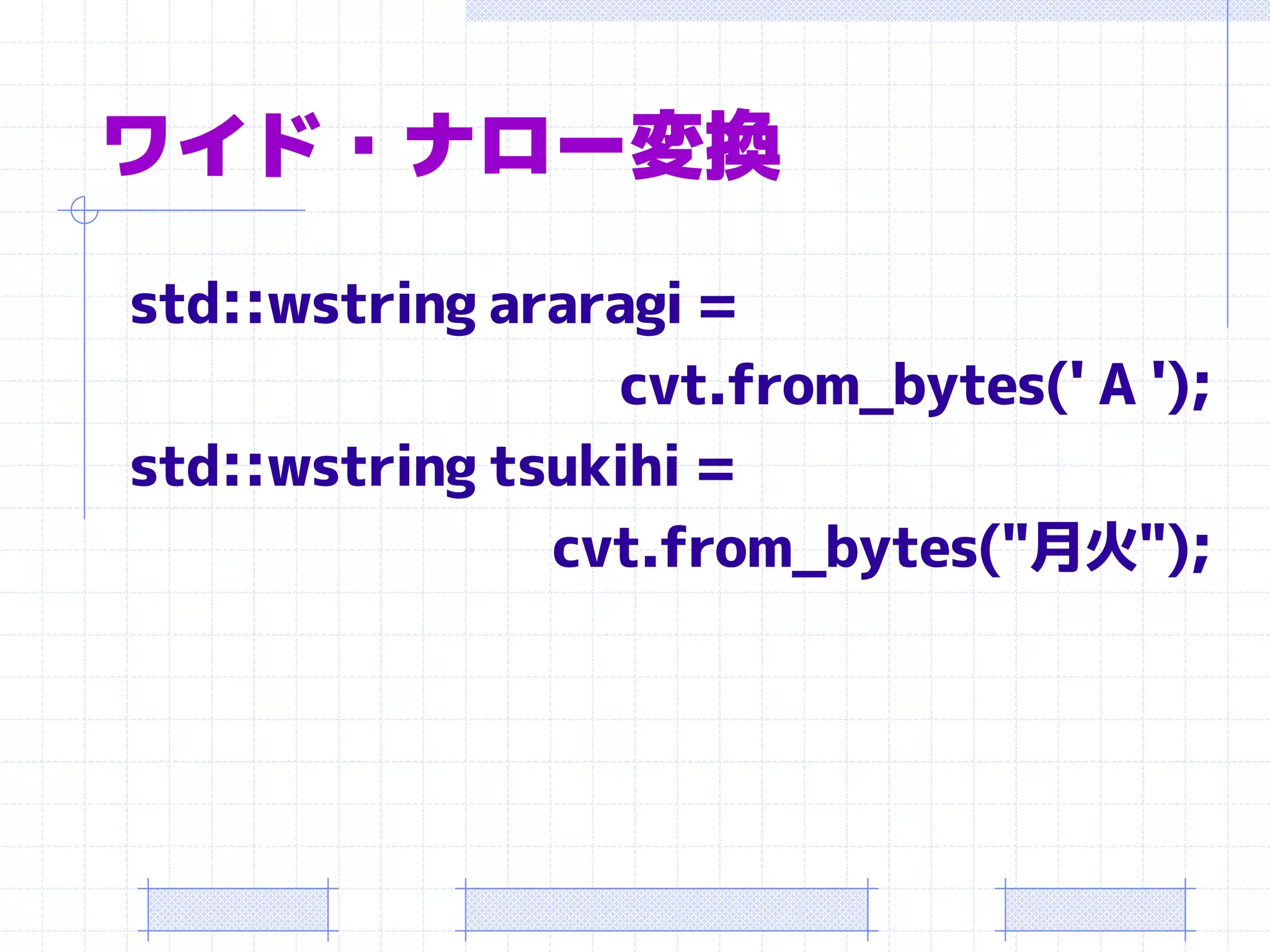 ワイド・ナロー変換
std::wstring araragi =
                 cvt.from_bytes(' A ');
std::wstring tsukihi =
               cvt.from_bytes("月火");
 