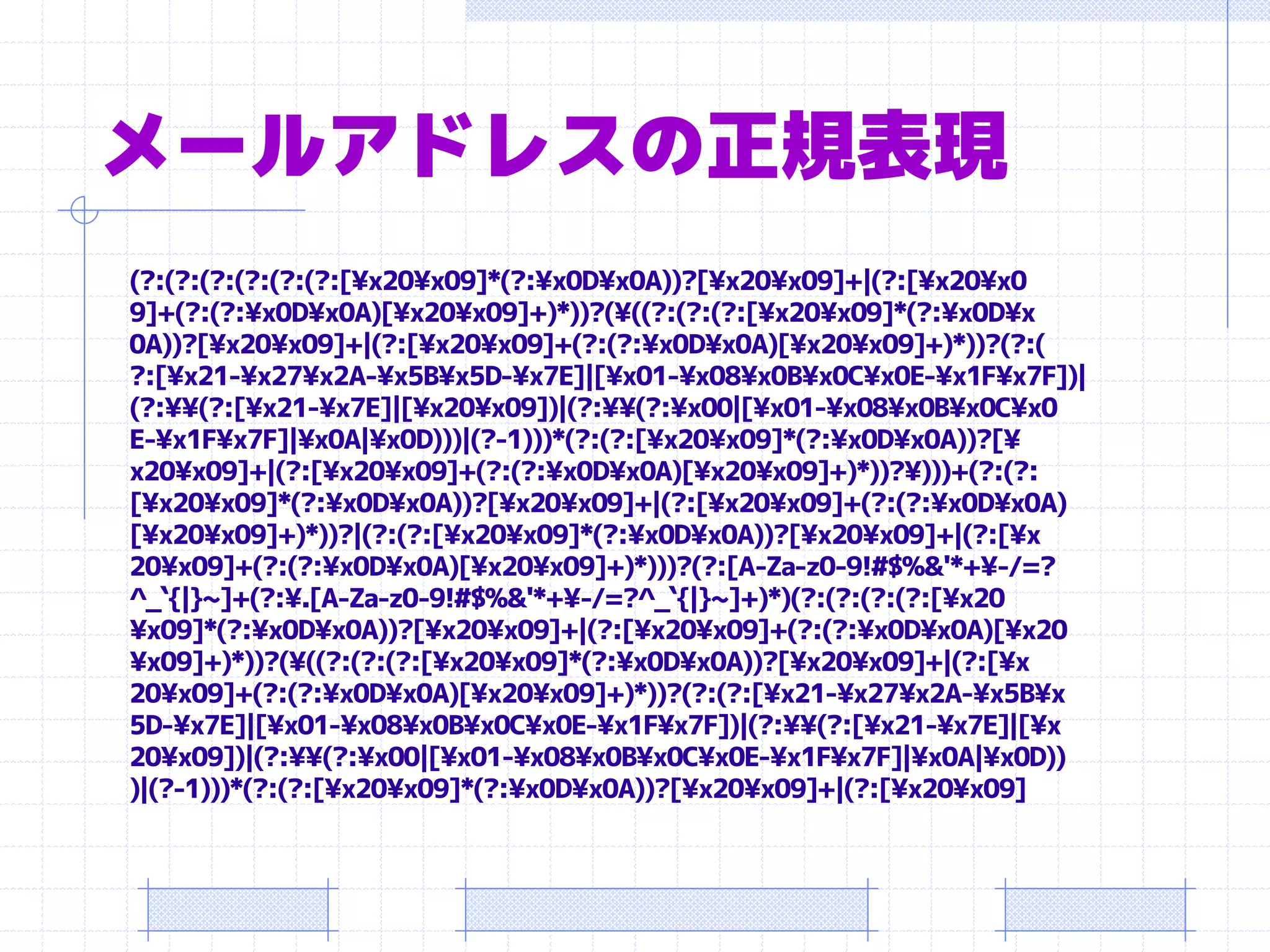 メールアドレスの正規表現
(?:(?:(?:(?:(?:(?:[¥x20¥x09]*(?:¥x0D¥x0A))?[¥x20¥x09]+|(?:[¥x20¥x0
9]+(?:(?:¥x0D¥x0A)[¥x20¥x09]+)*))?(¥((?:(?:(?:[¥x20¥x09]*(?:¥x0D¥x
0A))?[¥x20¥x09]+|(?:[¥x20¥x09]+(?:(?:¥x0D¥x0A)[¥x20¥x09]+)*))?(?:(
?:[¥x21-¥x27¥x2A-¥x5B¥x5D-¥x7E]|[¥x01-¥x08¥x0B¥x0C¥x0E-¥x1F¥x7F])|
(?:¥¥(?:[¥x21-¥x7E]|[¥x20¥x09])|(?:¥¥(?:¥x00|[¥x01-¥x08¥x0B¥x0C¥x0
E-¥x1F¥x7F]|¥x0A|¥x0D)))|(?-1)))*(?:(?:[¥x20¥x09]*(?:¥x0D¥x0A))?[¥
x20¥x09]+|(?:[¥x20¥x09]+(?:(?:¥x0D¥x0A)[¥x20¥x09]+)*))?¥)))+(?:(?:
[¥x20¥x09]*(?:¥x0D¥x0A))?[¥x20¥x09]+|(?:[¥x20¥x09]+(?:(?:¥x0D¥x0A)
[¥x20¥x09]+)*))?|(?:(?:[¥x20¥x09]*(?:¥x0D¥x0A))?[¥x20¥x09]+|(?:[¥x
20¥x09]+(?:(?:¥x0D¥x0A)[¥x20¥x09]+)*)))?(?:[A-Za-z0-9!#$%&'*+¥-/=?
^_`{|}~]+(?:¥.[A-Za-z0-9!#$%&'*+¥-/=?^_`{|}~]+)*)(?:(?:(?:(?:[¥x20
¥x09]*(?:¥x0D¥x0A))?[¥x20¥x09]+|(?:[¥x20¥x09]+(?:(?:¥x0D¥x0A)[¥x20
¥x09]+)*))?(¥((?:(?:(?:[¥x20¥x09]*(?:¥x0D¥x0A))?[¥x20¥x09]+|(?:[¥x
20¥x09]+(?:(?:¥x0D¥x0A)[¥x20¥x09]+)*))?(?:(?:[¥x21-¥x27¥x2A-¥x5B¥x
5D-¥x7E]|[¥x01-¥x08¥x0B¥x0C¥x0E-¥x1F¥x7F])|(?:¥¥(?:[¥x21-¥x7E]|[¥x
20¥x09])|(?:¥¥(?:¥x00|[¥x01-¥x08¥x0B¥x0C¥x0E-¥x1F¥x7F]|¥x0A|¥x0D))
)|(?-1)))*(?:(?:[¥x20¥x09]*(?:¥x0D¥x0A))?[¥x20¥x09]+|(?:[¥x20¥x09]
 