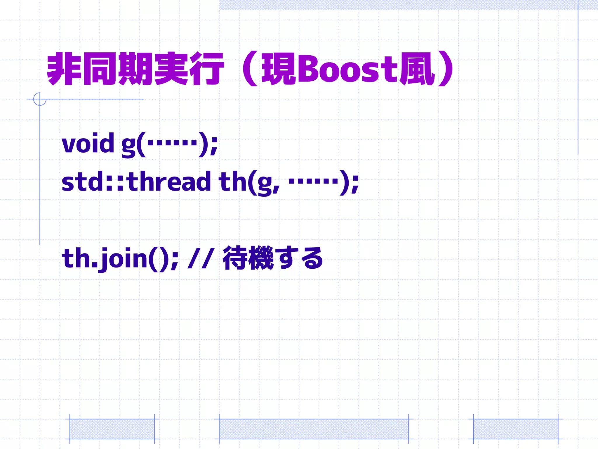 非同期実行（現Boost風）
void g(……);
std::thread th(g, ……);

th.join(); // 待機する
 