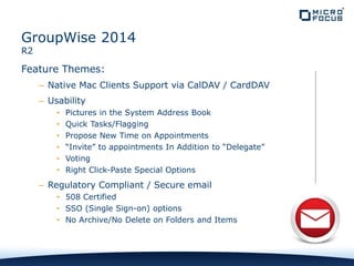 Feature Themes:
– Native Mac Clients Support via CalDAV / CardDAV
– Usability
• Pictures in the System Address Book
• Quick Tasks/Flagging
• Propose New Time on Appointments
• “Invite” to appointments In Addition to “Delegate”
• Voting
• Right Click-Paste Special Options
– Regulatory Compliant / Secure email
• 508 Certified
• SSO (Single Sign-on) options
• No Archive/No Delete on Folders and Items
GroupWise 2014
R2
 