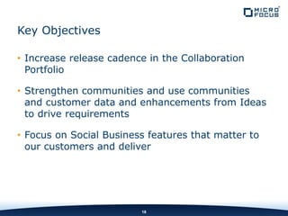 • Increase release cadence in the Collaboration
Portfolio
• Strengthen communities and use communities
and customer data and enhancements from Ideas
to drive requirements
• Focus on Social Business features that matter to
our customers and deliver
18
Key Objectives
 