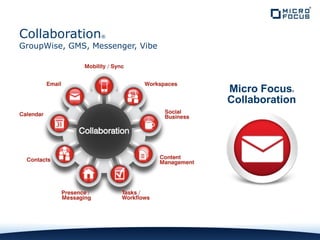Collaboration®
GroupWise, GMS, Messenger, Vibe
Micro Focus®
Collaboration
 