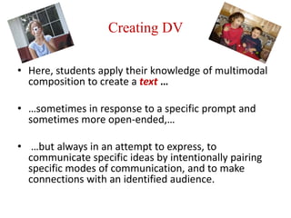 Framing the Use of DVin the ELA ClassroomPedagogical Framework: Watch, Analyze,and CreateFramework provide insights into ways to maximize the potential of digital video as an instructional tool. Potentially, there is some blurring across each of the three categories, as students might first need to create a digital video before moving to analysis. It is entirely possible that such analysis would then fuel creation. We do not mean these to be prescriptive in terms of order or sequence.Resource: Bull, G., & Bell, L. (Eds.). (In press). Teaching with digital video.  Washington, DC: International Society for Technology in Education (ISTE).