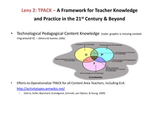 Lens 2: TPACK – A Framework for Teacher Knowledge and Practice in the 21st Century & BeyondTechnological Pedagogical Content Knowledge[note: graphic is missing context ring around it]  - (Mishra & Koehler, 2006)Efforts to Operationalize TPACK for all Content Area Teachers, including ELA: http://activitytypes.wmwikis.net/(Harris, Hofer, Blanchard, Grandgenet, Schmidt, van Olphen, & Young, 2009)
